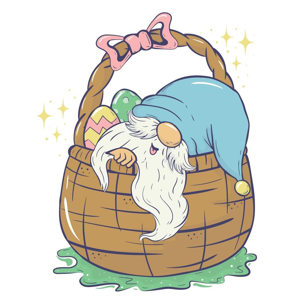 Vector Easter illustration with a happy gnome hiding in a huge basket of Easter eggs. For cards, invitations, packaging design, posters, prints