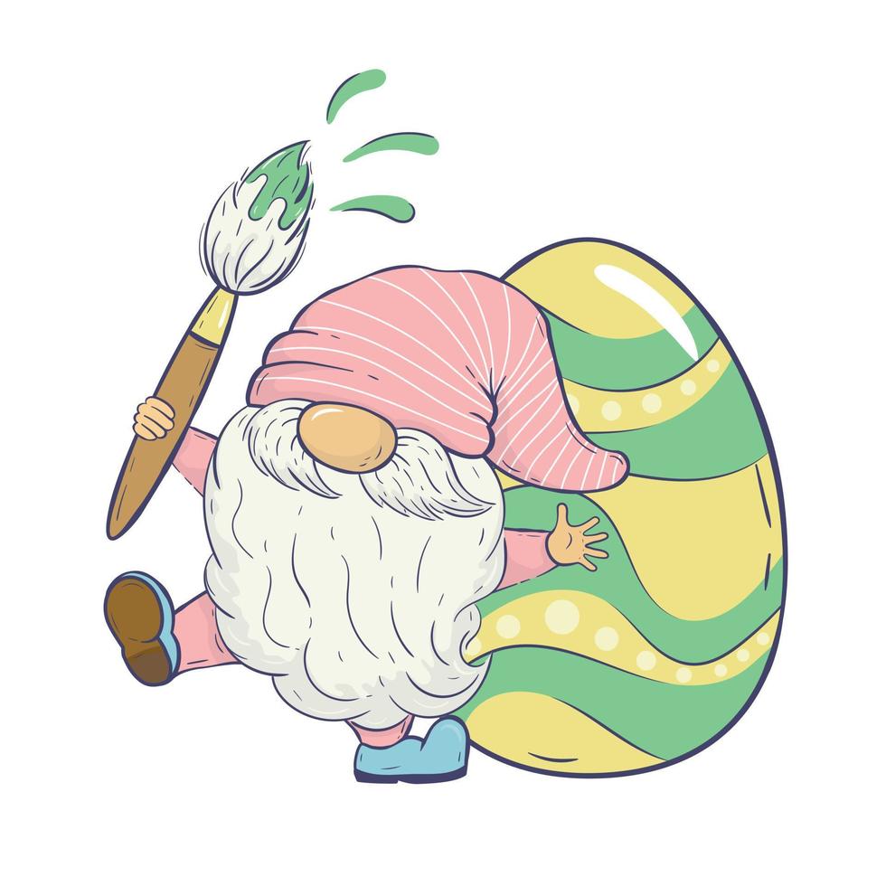 Vector Easter illustration with a spring gnome with a brush in his hands painting a huge egg. For cards, invitations, packaging design, posters, prints