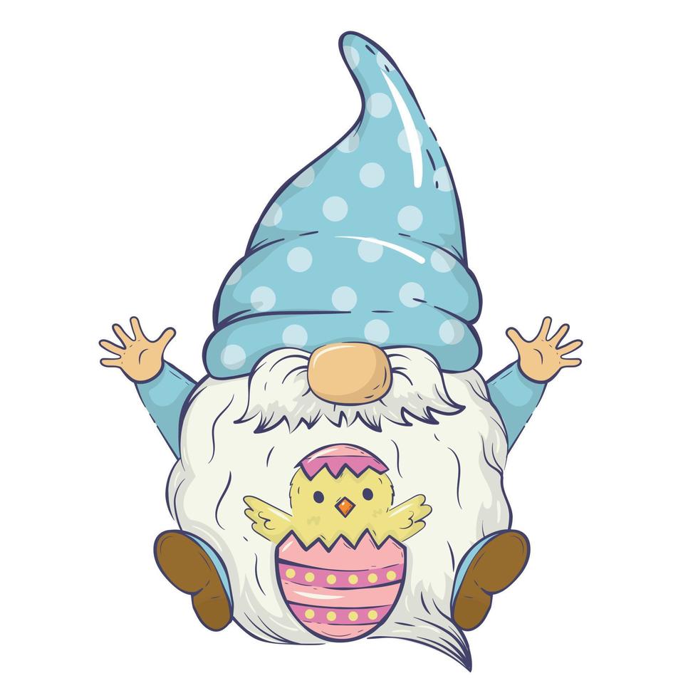 Vector Easter illustration with a spring gnome sitting next to a painted egg with a chick. For cards, invitations, packaging design, posters, prints