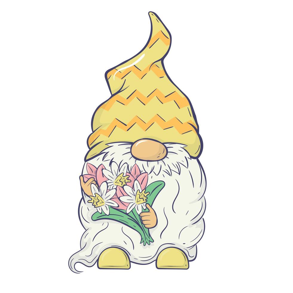Vector Easter illustration with a happy gnome with a bouquet of spring flowers in his hands. For cards, invitations, packaging design, posters, prints