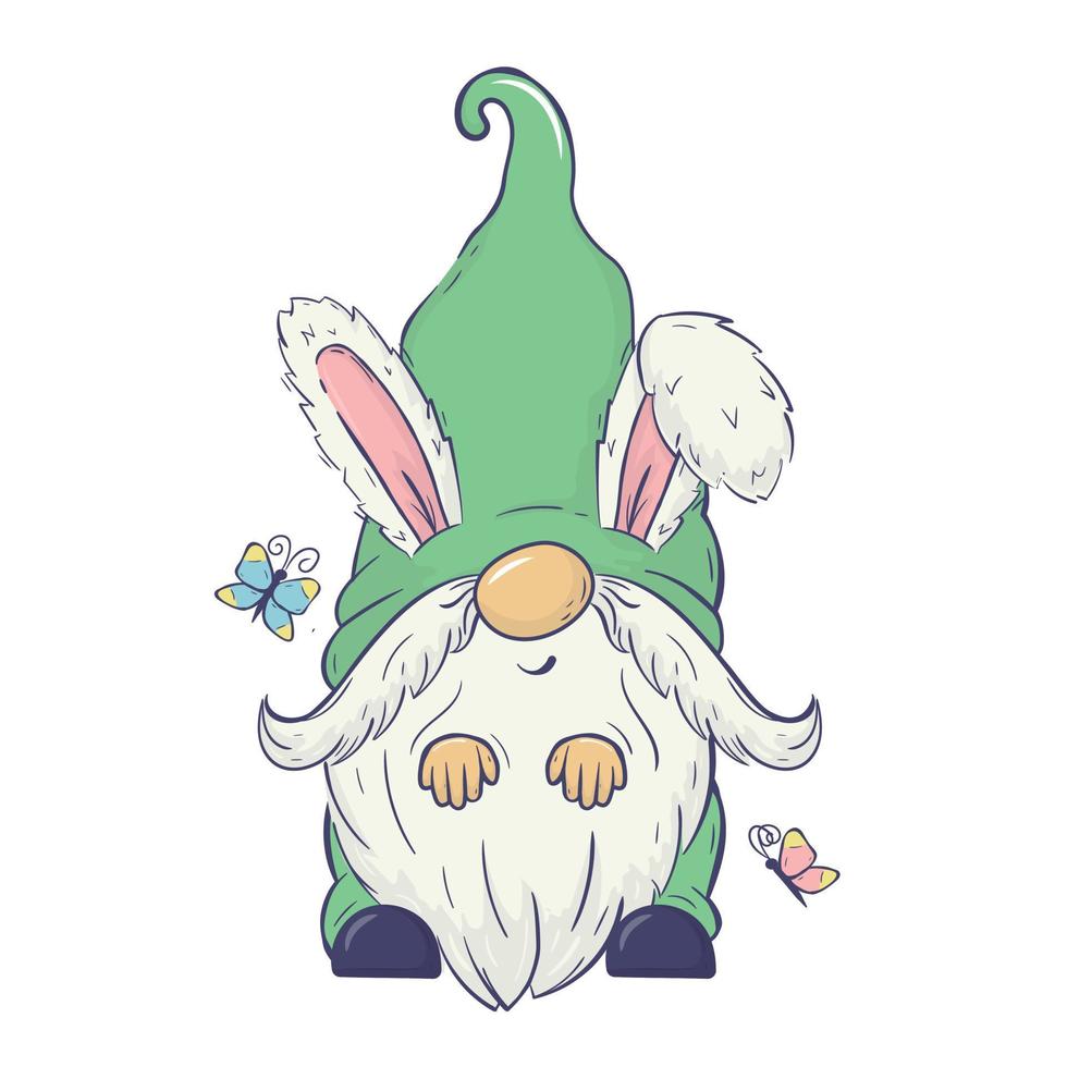 Vector Easter illustration with spring cute gnome with bunny ears. For cards, invitations, packaging design, posters, prints