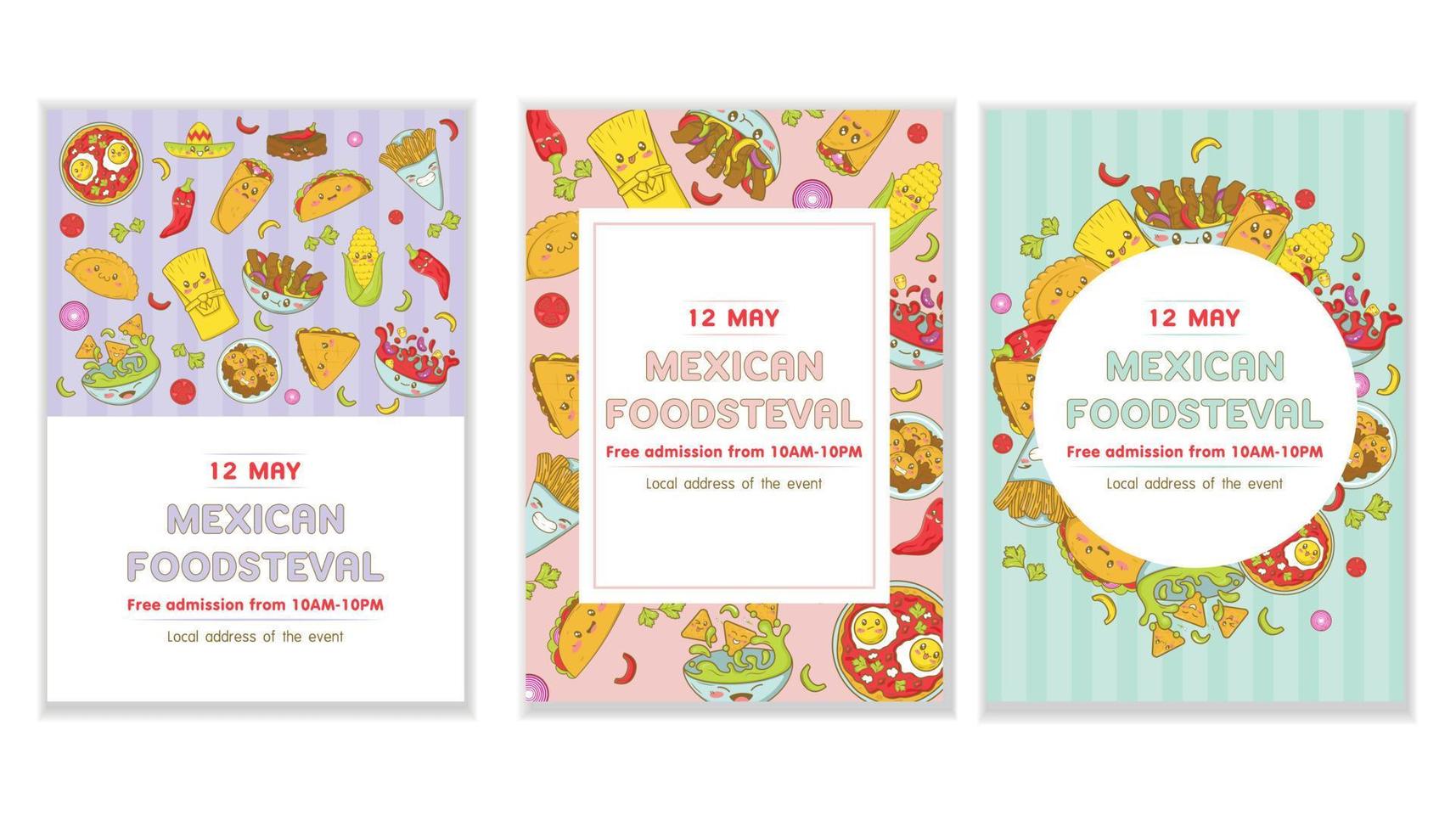 Set of Mexican fast food menu template with kawaii food in cartoon doodle style Poster for food fair and fisteval vector