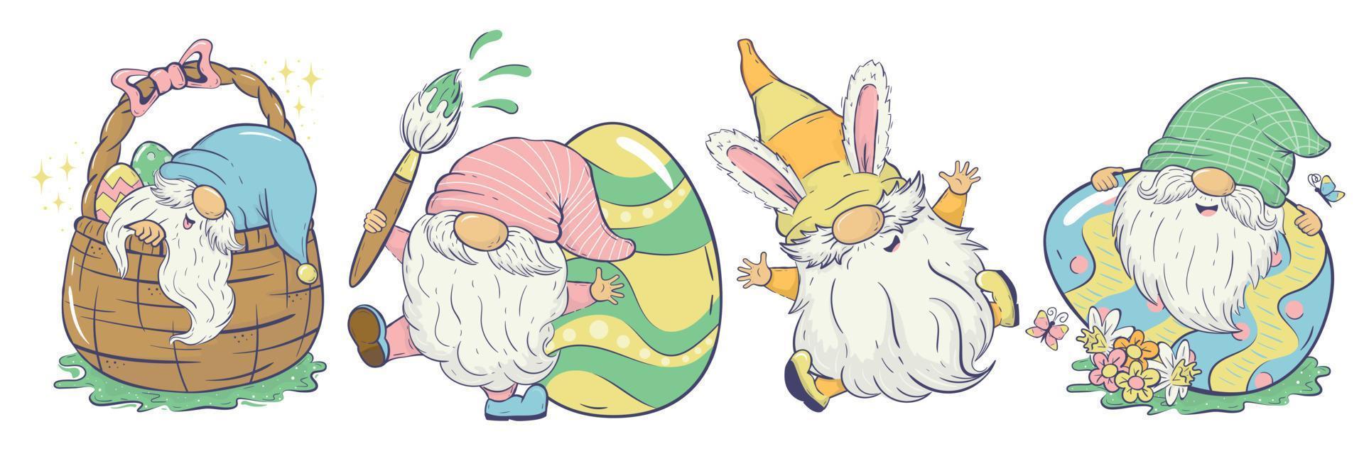 Collection of vector Easter gnomes in different poses with Easter eggs, bunny ears, spring flowers. Clipart For cards, invitations, packaging design, posters, prints