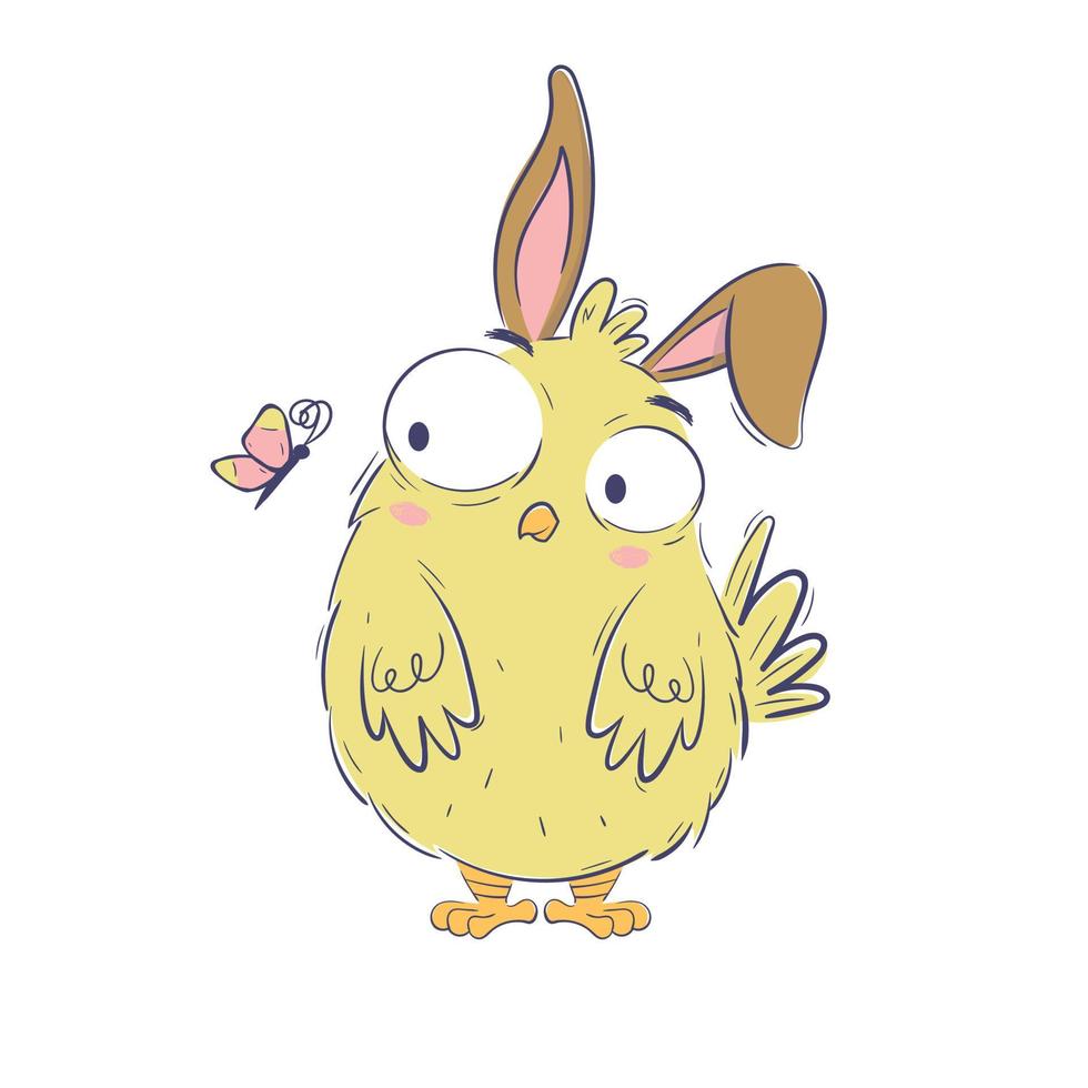 Funny chicken with rabbit ears looks at a butterfly nearby vector