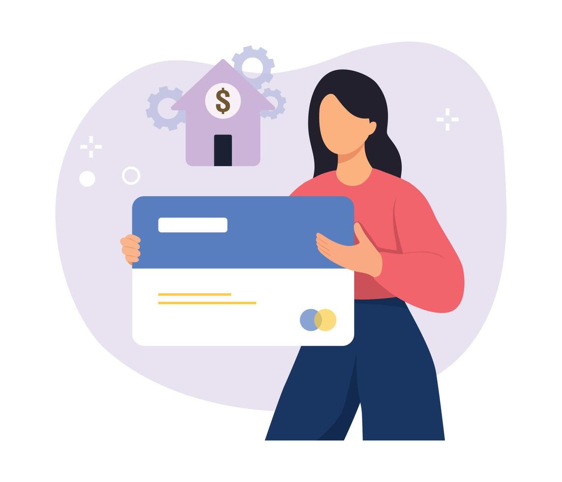 A young woman who uses a bank card. Functions and use of a credit card concept. Vector illustration.