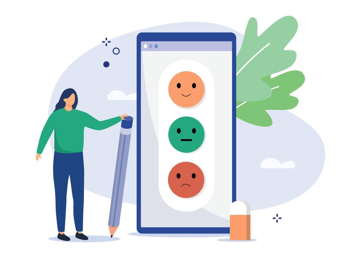 Characters giving positive feedback and filing checklist on smartphone. Rating scale and customer satisfaction concept. Vector illustration.