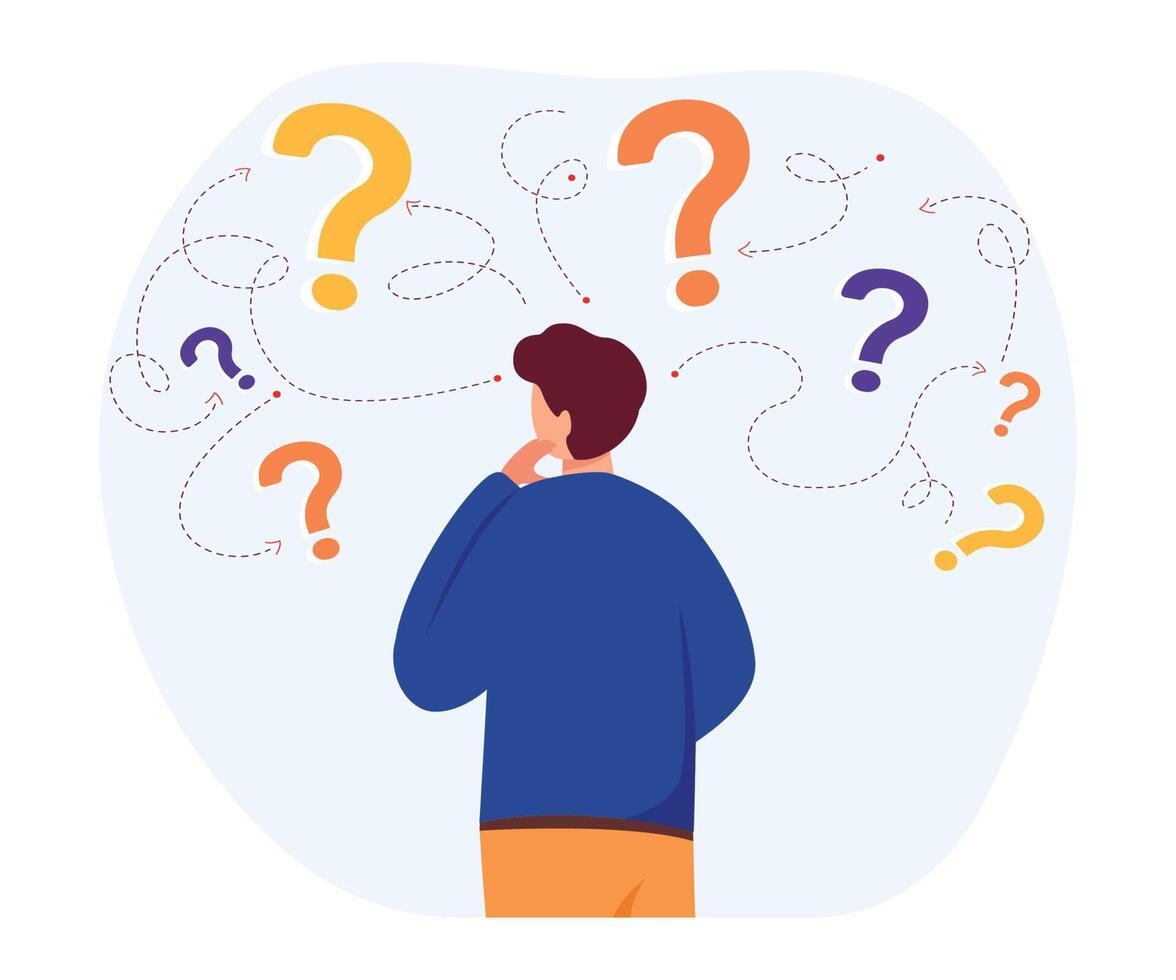 Back view of pensive man standing and making business decision  . Cartoon character thinking about options and questions marks around him.  Vector illustration.