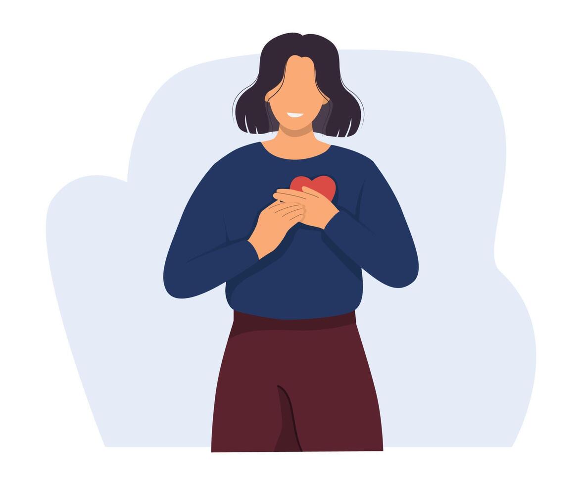 cuidados personales y aceptación, esperanza para bueno concepto. contento mujer con amar, compasión, generosidad en corazón. vector ilustración.