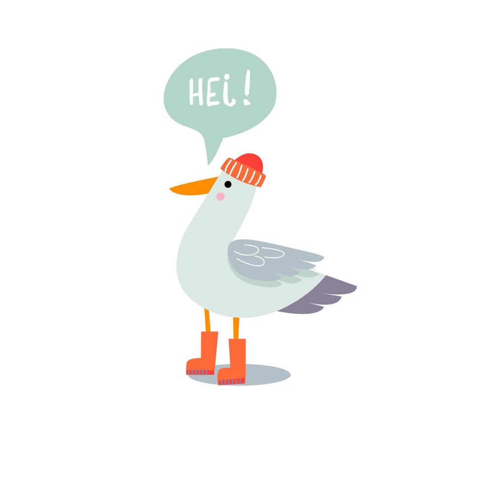 Cute seagull with in a hat and rubber boots. Bubble inscription - hello - Norwegian. vector