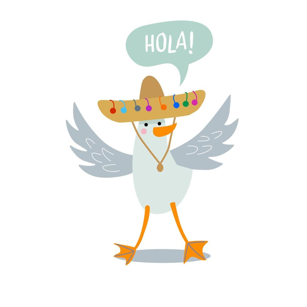 Cute seagull with a sombrero in a hat. Bubble inscription - hello - in Spanish. vector