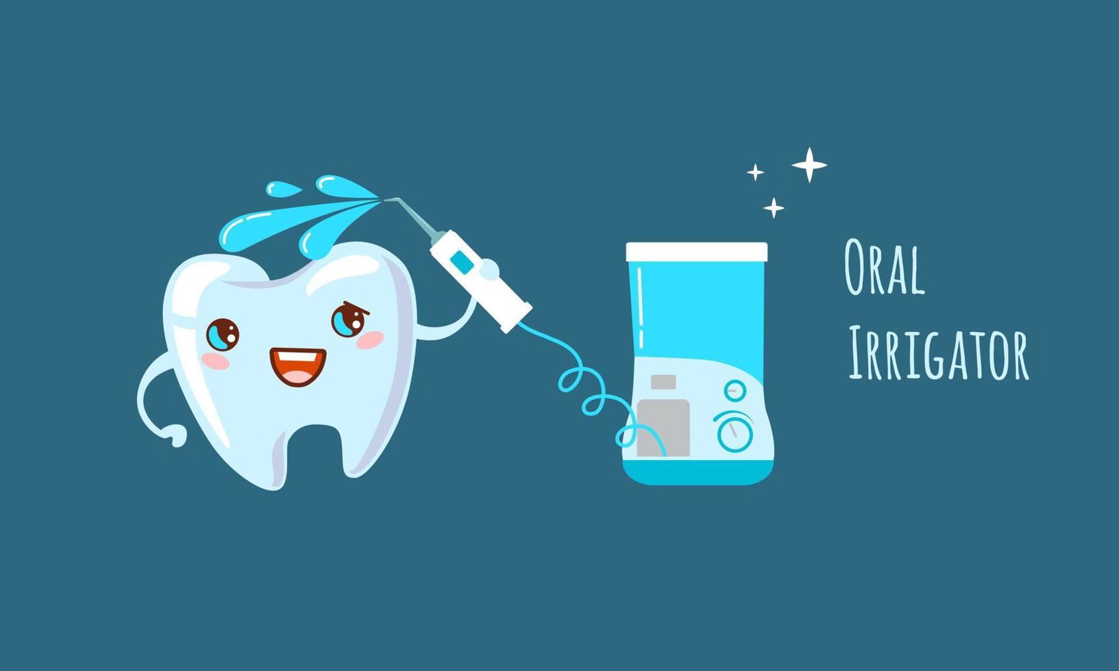 Vector illustration of a happy cartoon tooth with an irrigator.