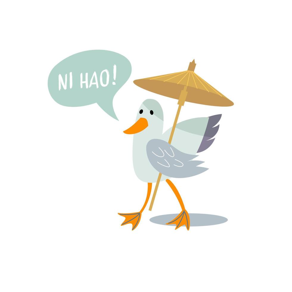Cute seagull with an umbrella. Bubble inscription - hello - in Chinese. vector