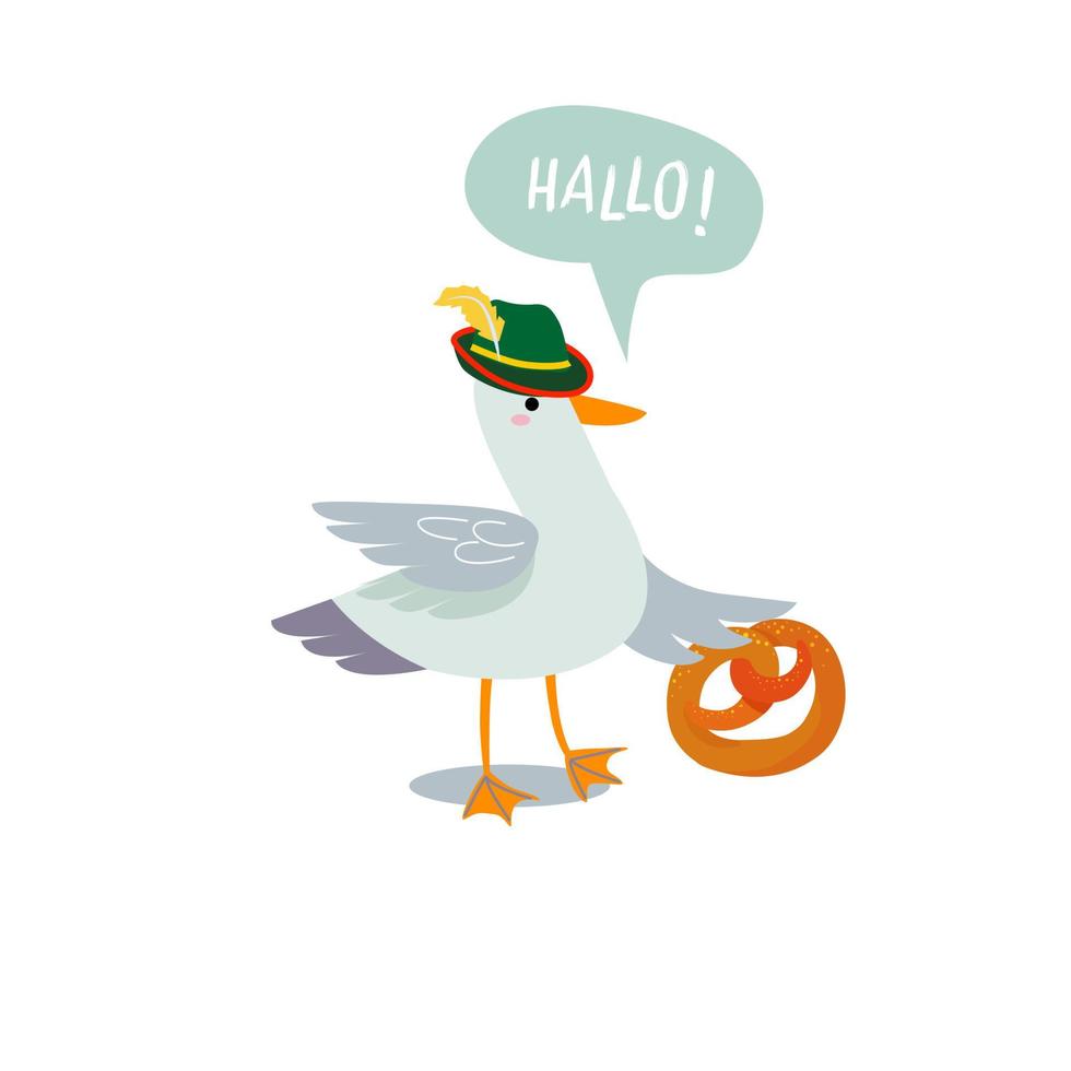 A cute seagull wearing a traditional German hat and holding a pretzel. Bubble inscription - hello - German. vector