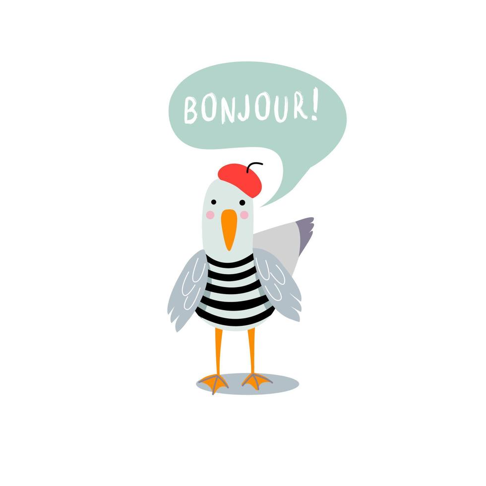 A cute seagull with a red beret and vest. Bubble inscription - hello - in French. vector