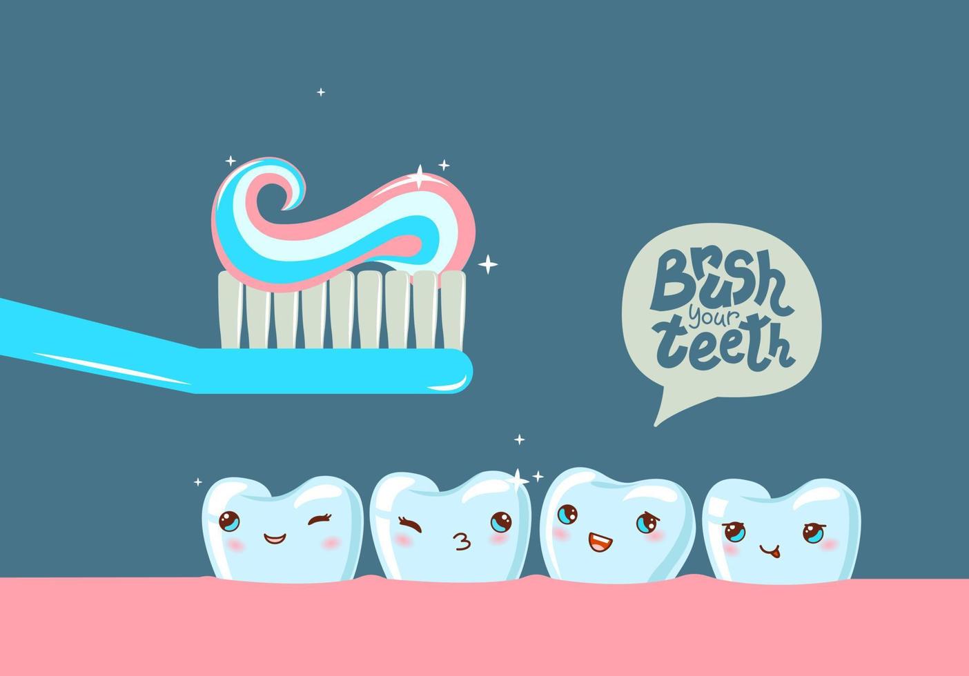 Toothbrush with toothpaste and smiling character teeth in mouth. Brushing teeth inside the mouth. Dental hygiene concept. vector