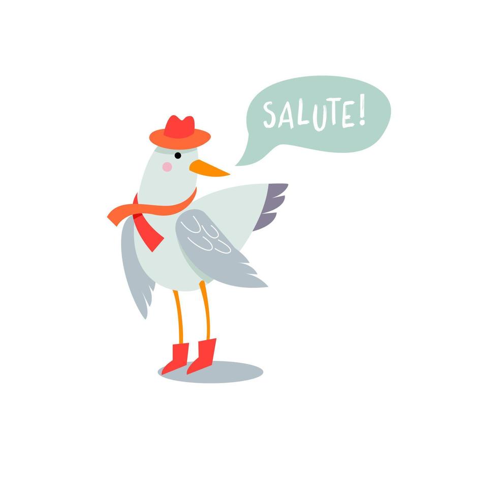 Cute seagull with in red hat, scarf and boots. Bubble inscription - hello - in Italian. vector