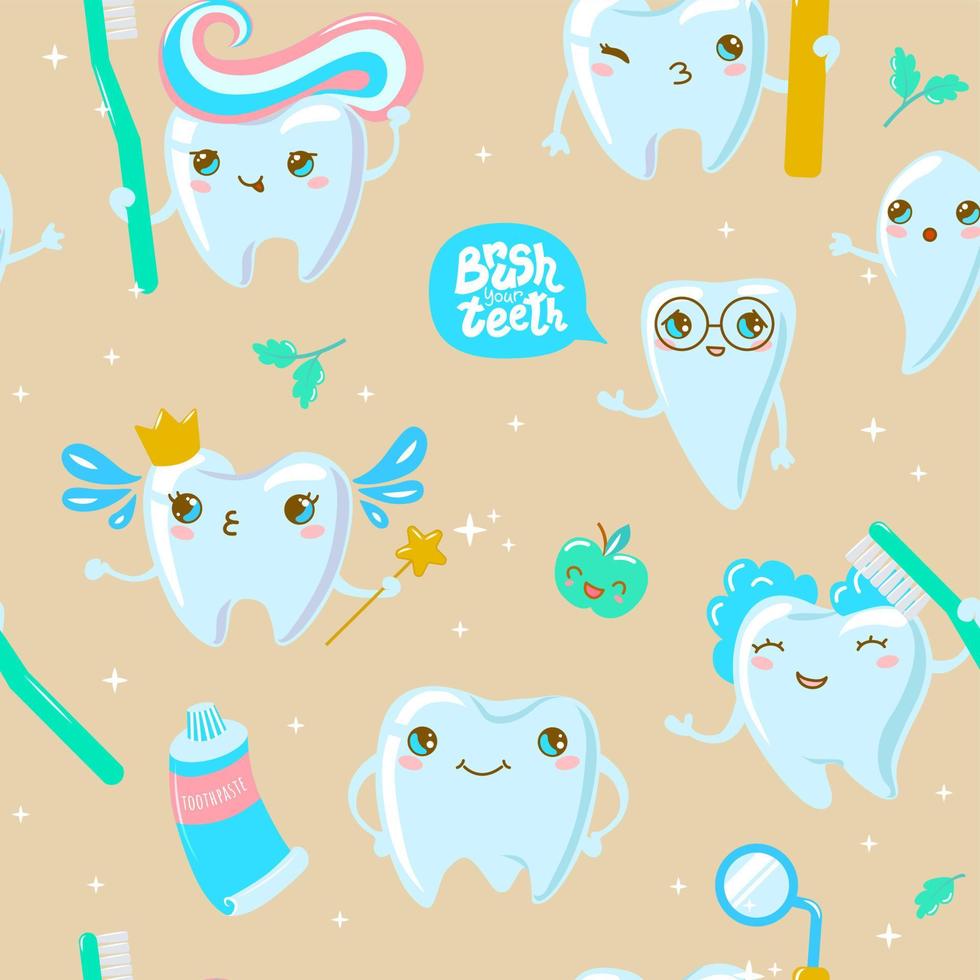 seamless pattern with cute teeth, toothbrush and paste vector