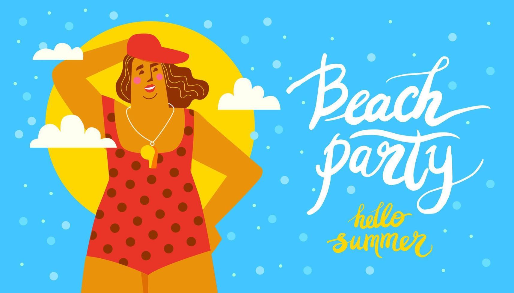 poster with handwritten lettering beach party, hello summer with bodypositive girl in red swimsuit and cap vector