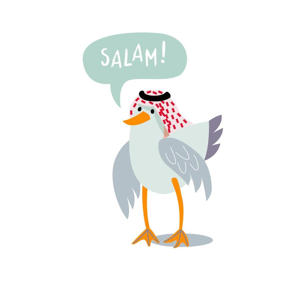 Cute seagull in a red scarf, keffiyeh. Bubble inscription - hello - in Arabic. vector