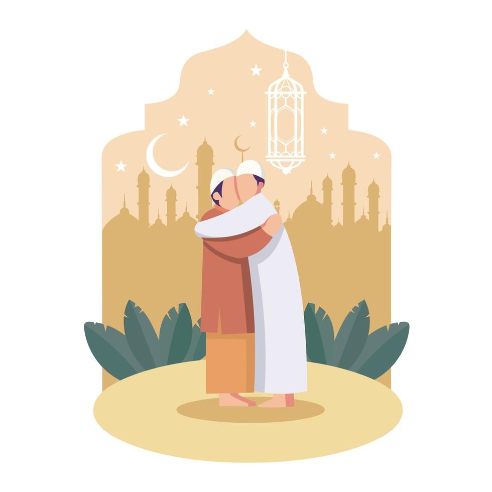 Two muslim brother hug each other vector isolated. Best for ramadhan related greeting illustration