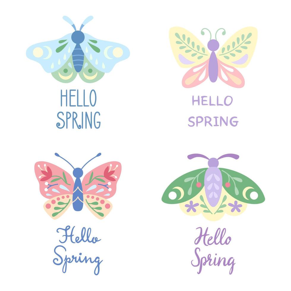Set of moths and butterflies in spring colours doodle flat style. Hello spring lettering. Vector illustration