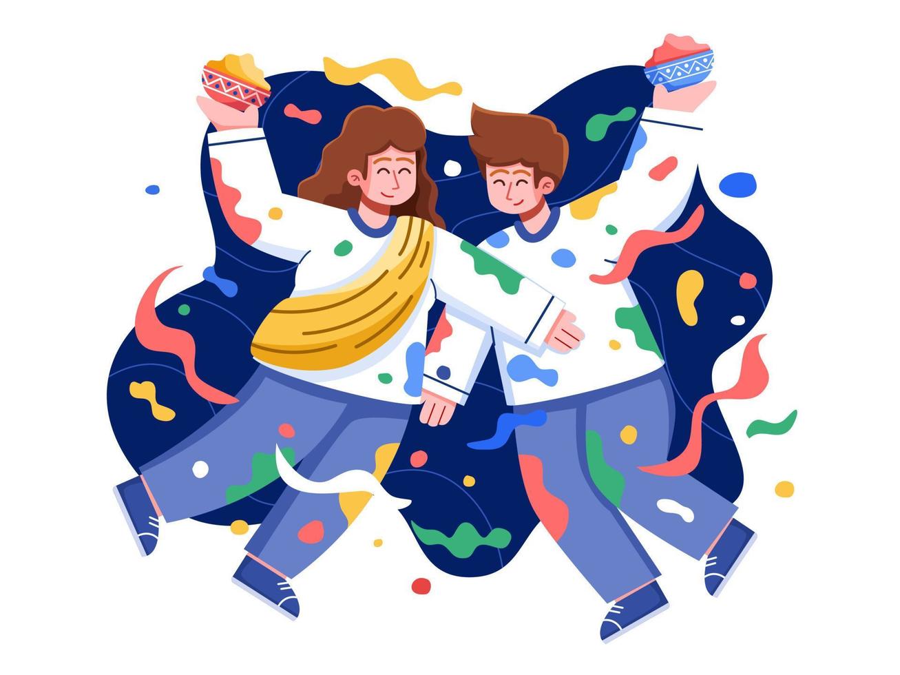 Illustration depicting a group of people in India celebrating the Holi festival by showering each other with vibrant colored powders, symbolizing joy and unity. Suitable for postcard, web, etc. vector