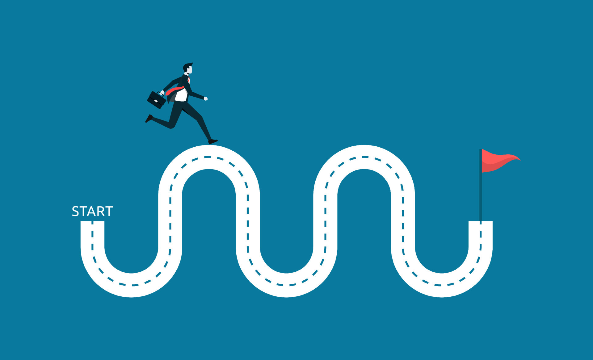 Ambitious businessman run on path to achieve success flag, progress or