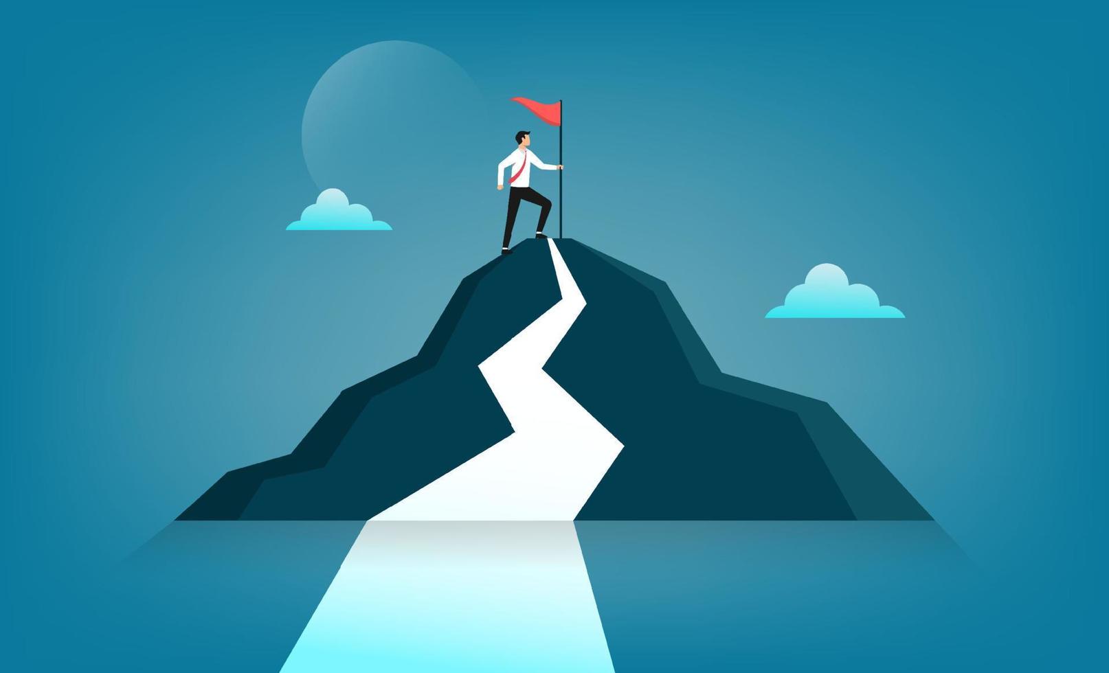 Businessman holds flag on top of mountain symbol. Achievement, leadership, business career and  success concept vector