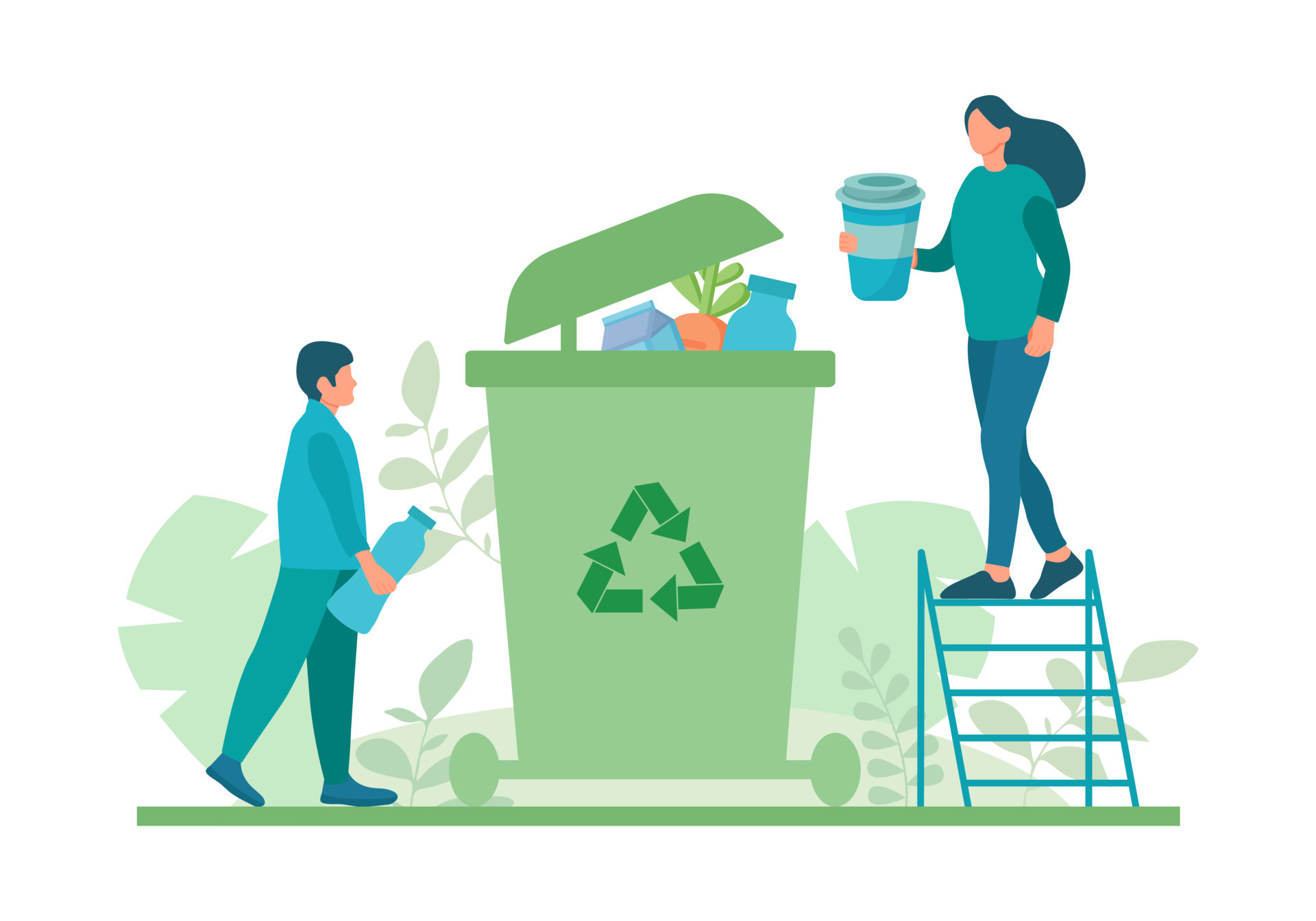 Set of sustainable lifestyle. People reducing food waste and throwing