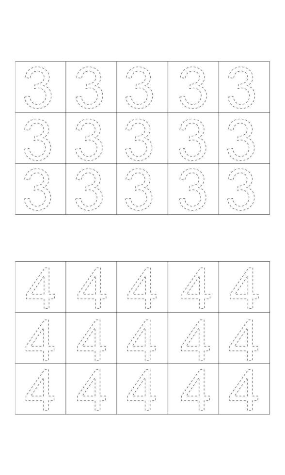 design numbers 3 and 4 to learn to write children, numbers 3 and 4 to learn to write vector