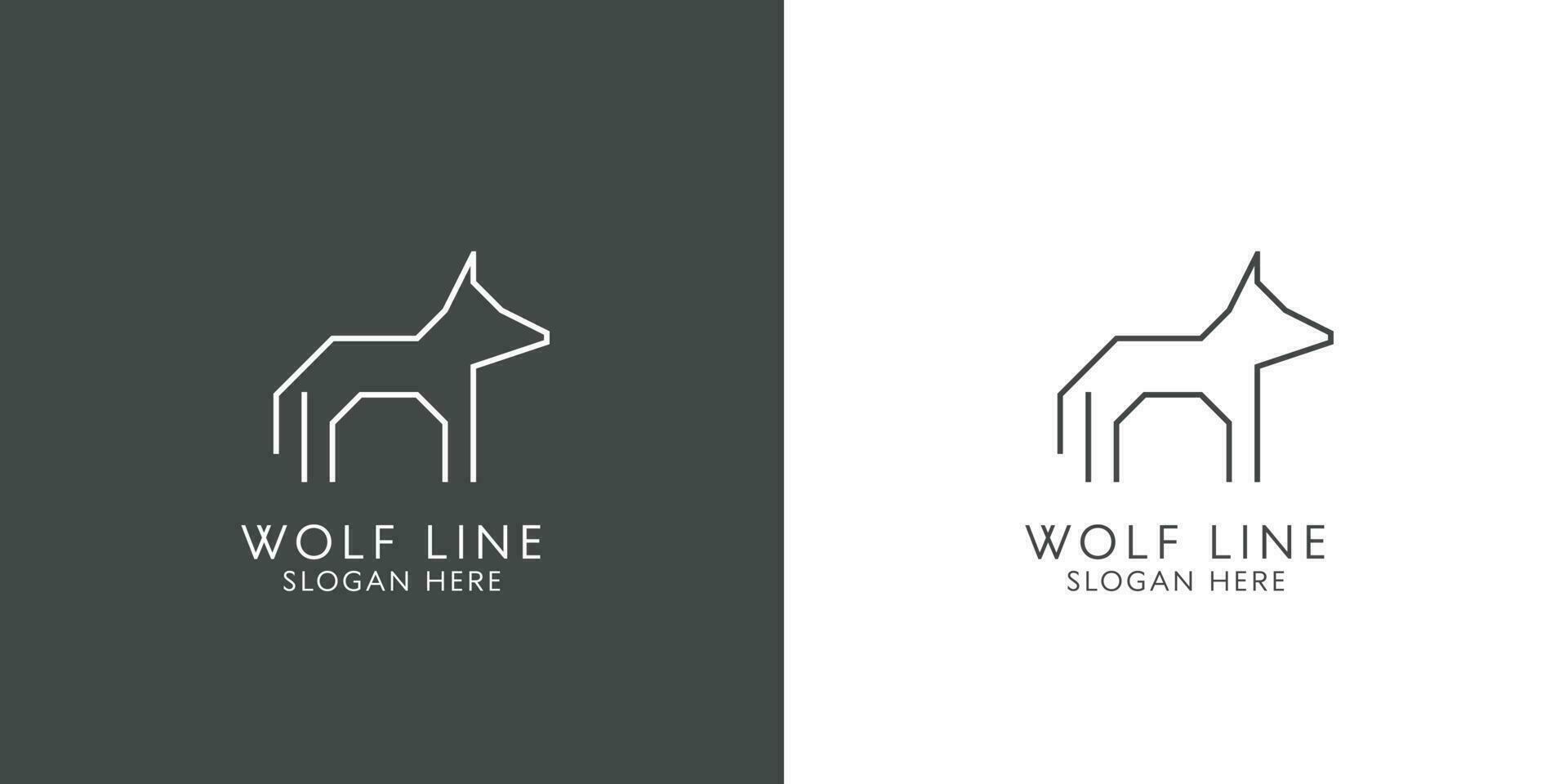 Wolf body line silhouette logo design illustration A vector outline, a simple flat symbol, and a ferocious creature roaring comprise the creative idea icon. Dangerous fanged mammals