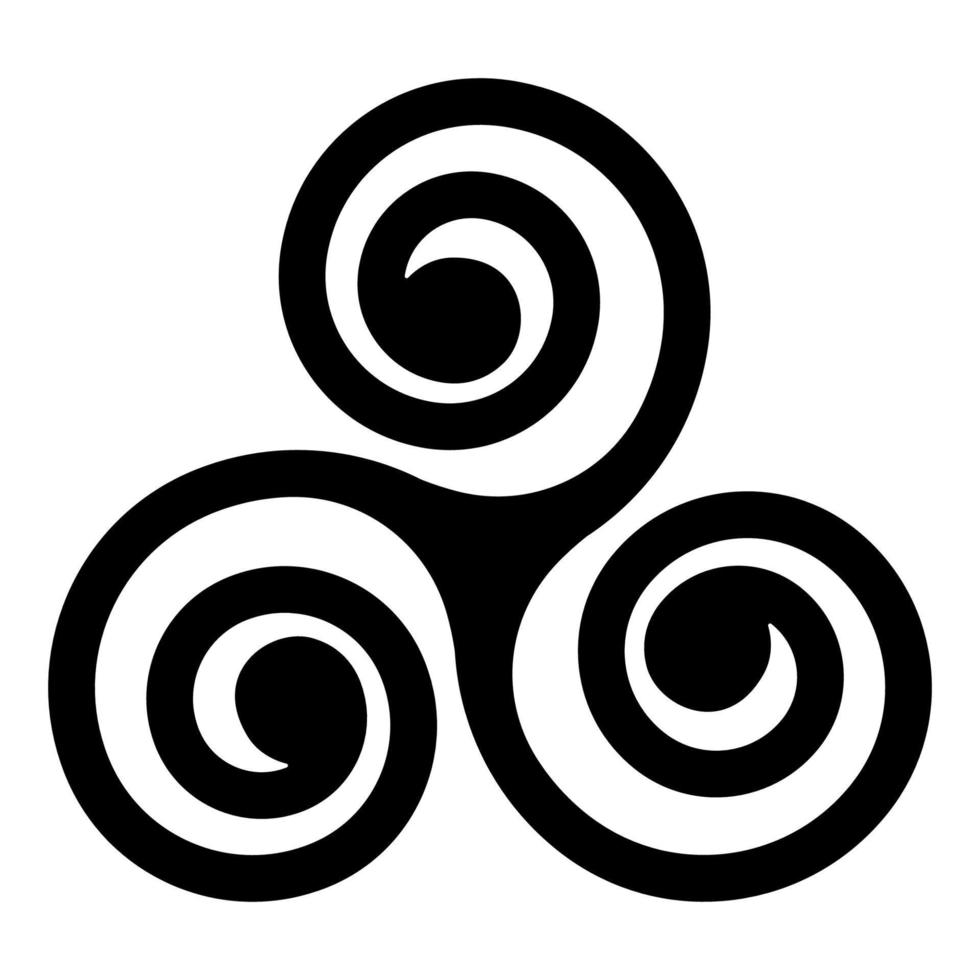 black Celtic triskelion spirals over the white one. Triple helix with two, three turns. Motifs twisted and connected spirals, showing rotational symmetry vector