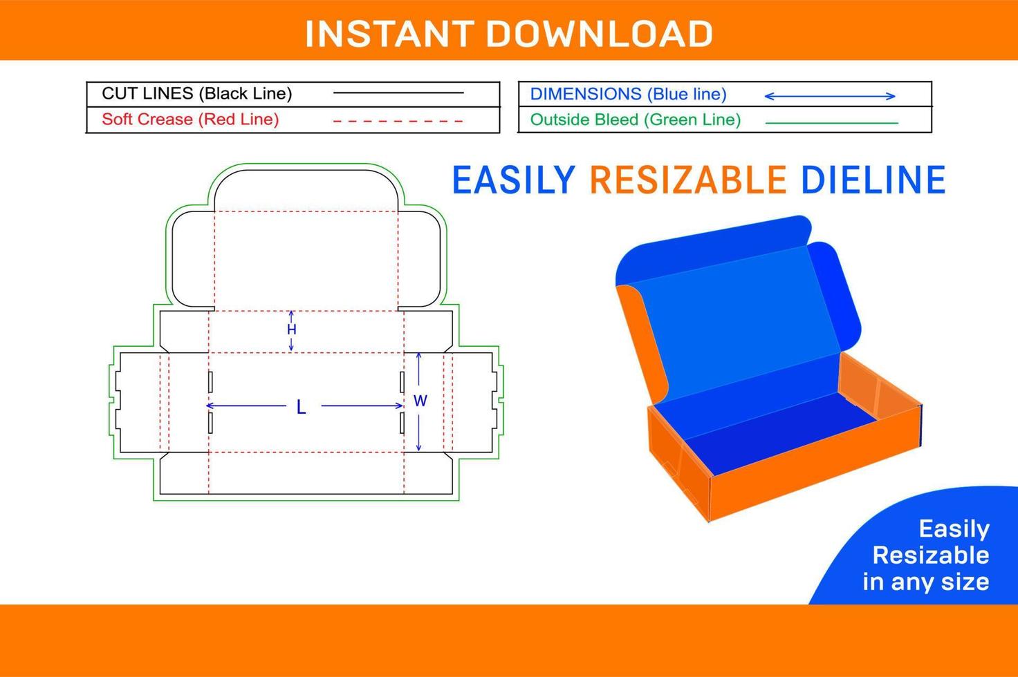 Mailer shipping box dieline template and 3D box design Box dieline and 3D box vector