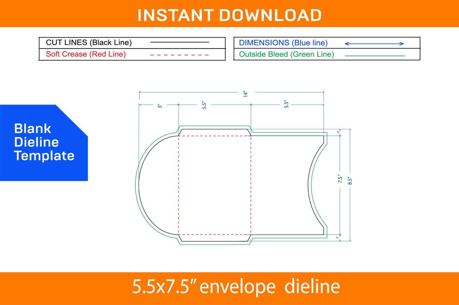 Envelope customized design 5.5x7.5'' dieline template and 3d design envelope Blank dieline template vector