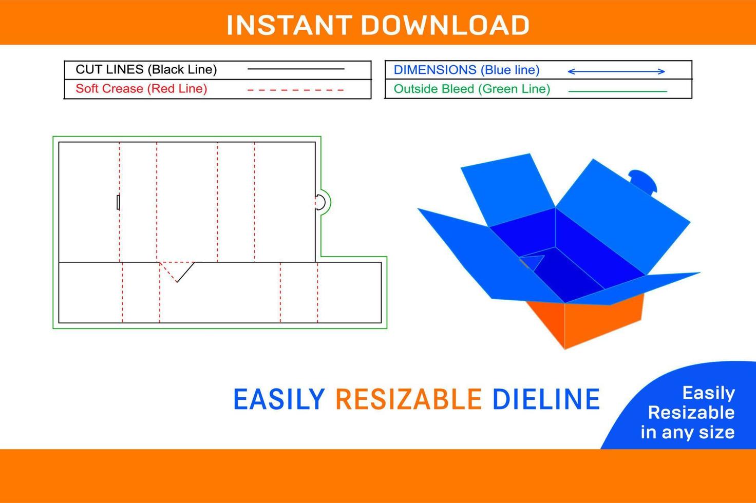 Corrugated box without glue use, Dieline template and 3D box design Box dieline and 3D box vector