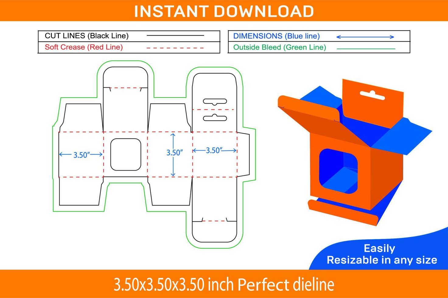 Mobile charger 3.50x3.50x3.50 inch box with window dieline template and 3D render Box dieline and 3D box vector