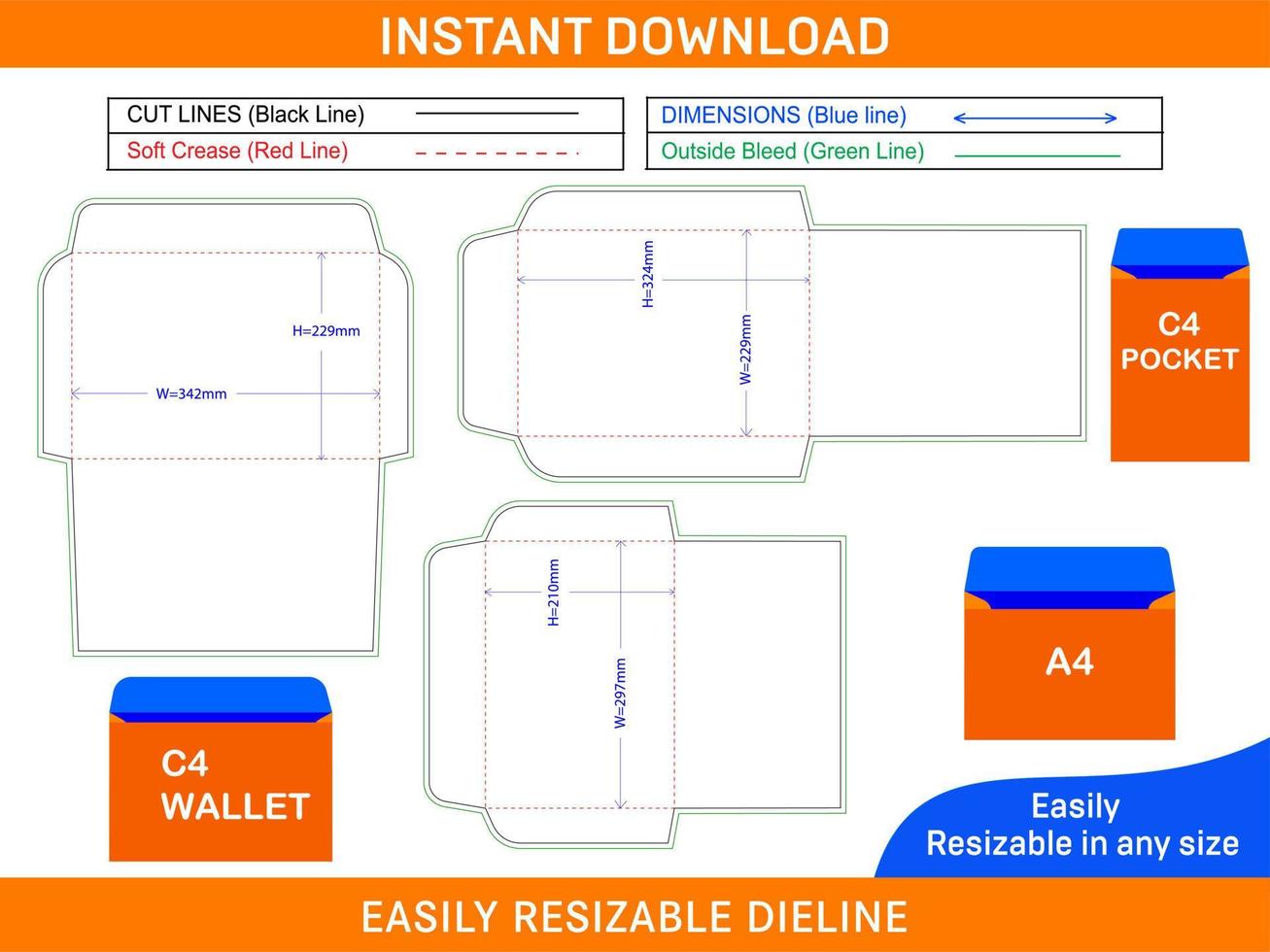Envelopes die cut template and 3D envelopes design Box dieline and 3D
