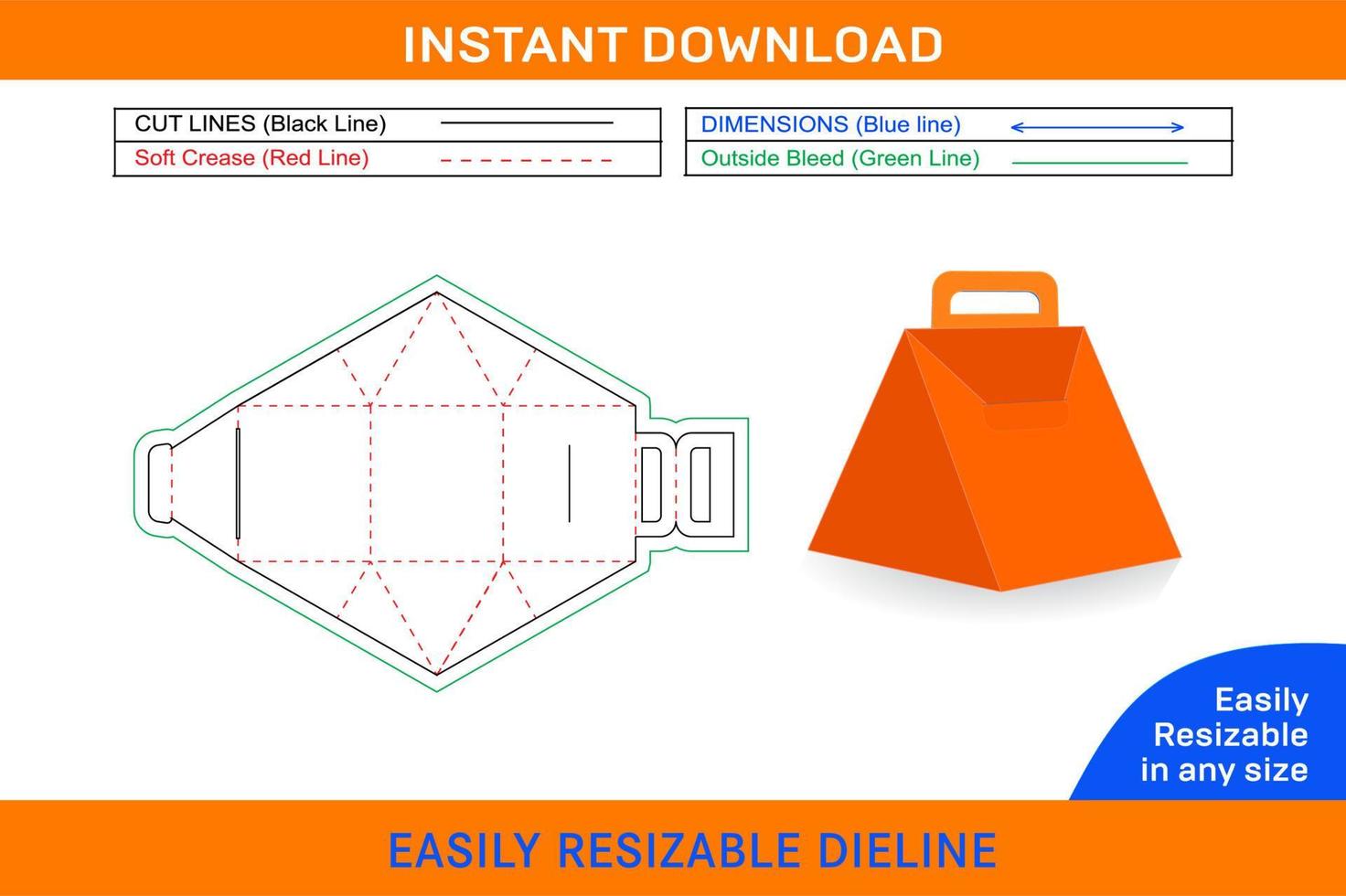 Food box Triangle with handle for bottle, mug, cosmetic dieline template and 3D box design Box dieline and 3D box vector