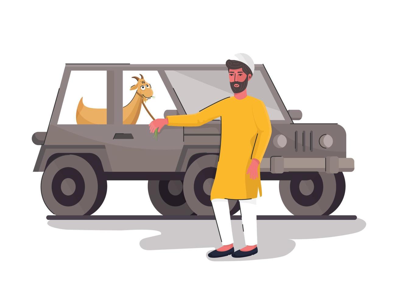 Muslim Man holding a Rope of Goat on Jeep Illustration. vector