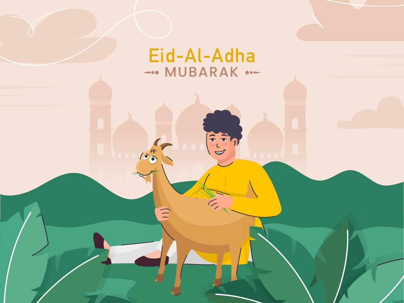 ilustración de dibujos animados musulmán joven chico participación un cabra en verde naturaleza y ligero melocotón mezquita antecedentes para Eid al-Adha Mubarak concepto. vector