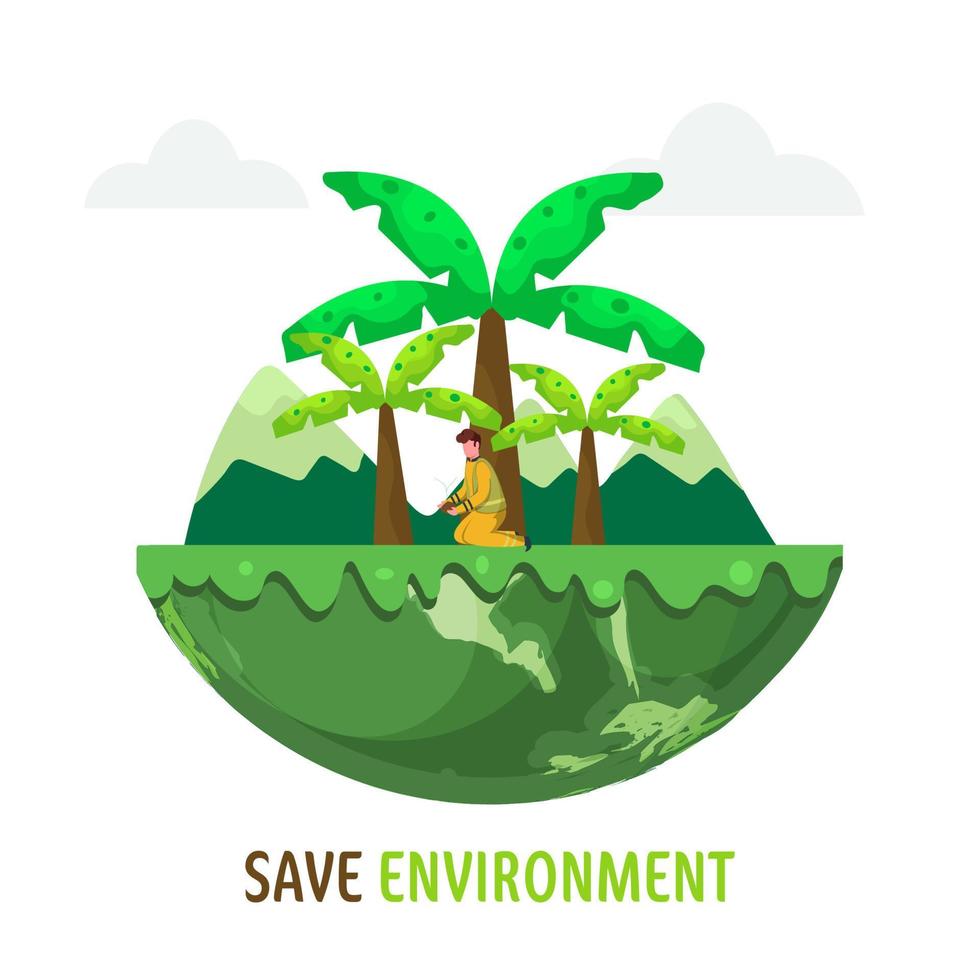 Cartoon Man Planting on Half Earth Globe with Green Landscape View for Save Environment Concept. vector