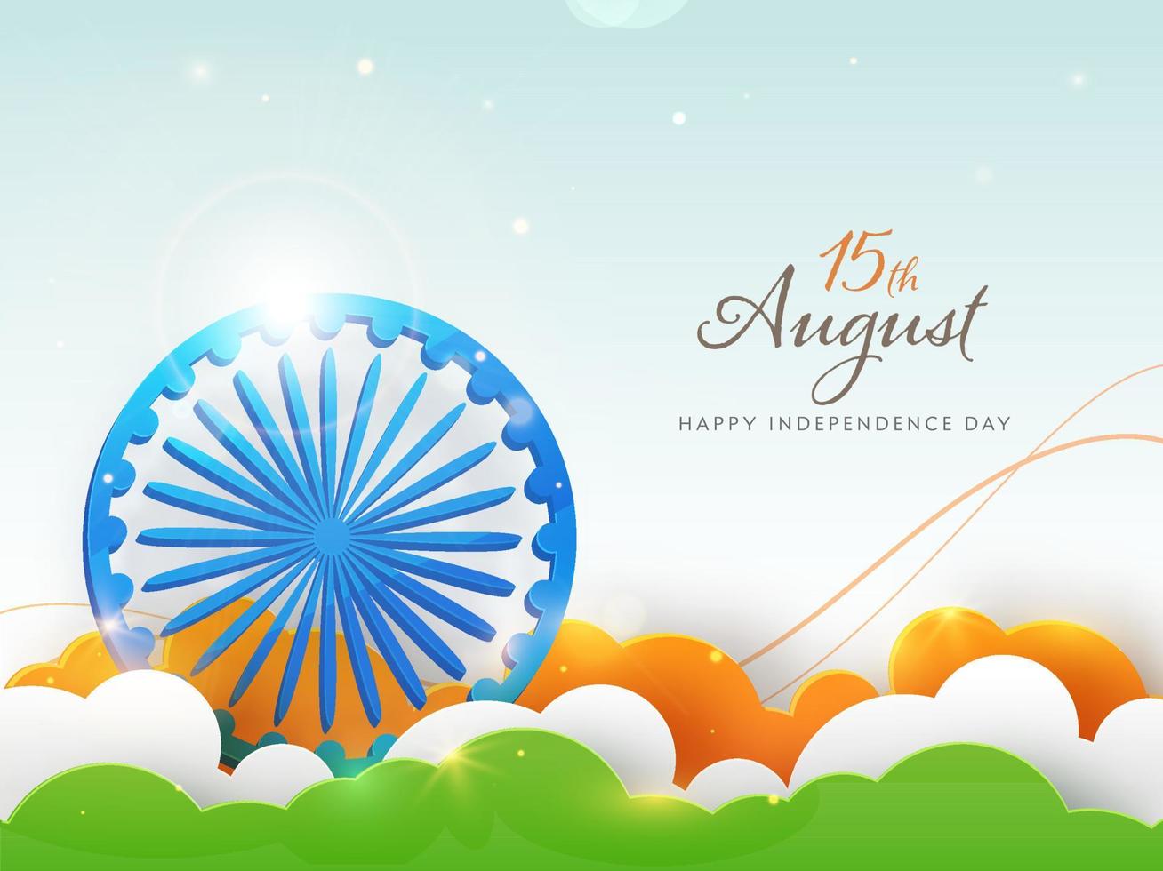 3D Blue Ashoka Wheel with Lights Effect and Indian Tricolor Paper Cut Clouds on Blue Background for 15th August, Happy Independence Day. vector