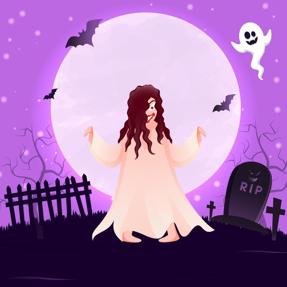 Full Moon Purple Background with Graveyard View, Female Zombie and Cheerful Ghost for Happy Halloween. vector