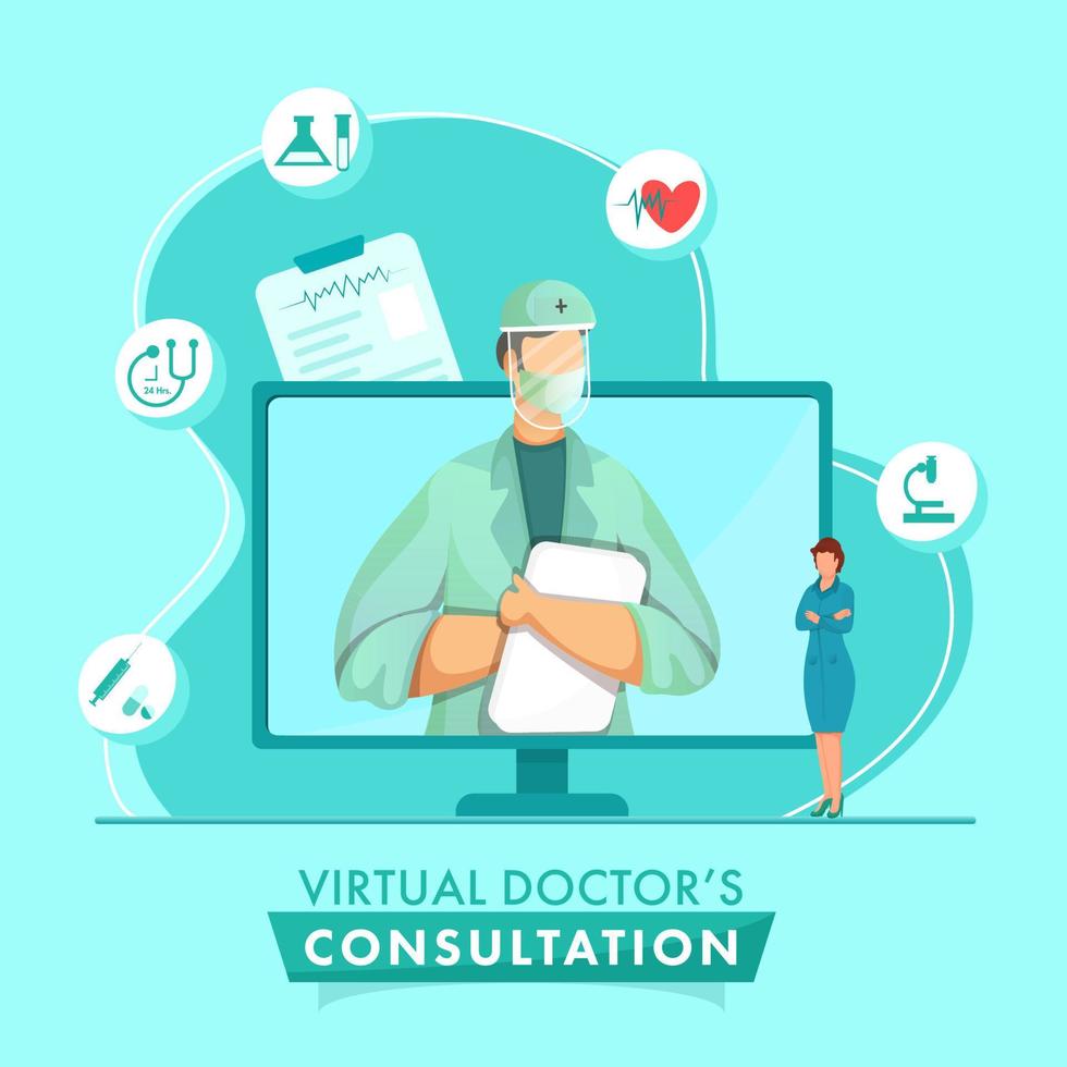 dibujos animados médico hombre vistiendo protector equipo en computadora pantalla con mujer y médico elementos para virtual consulta concepto. vector