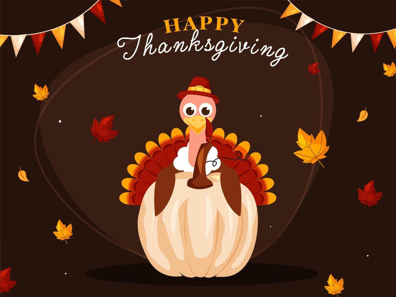Illustration of Turkey Bird Wearing Pilgrim Hat with Pumpkin and Autumn Leaves Falling on Brown Background for Happy Thanksgiving Day. vector