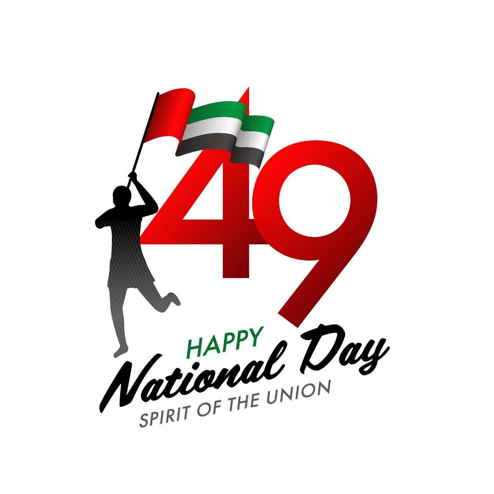 49th Spirit Of The Union, Happy National Day Poster Design With Silhouette Man Holding UAE Flag On White Background. vector