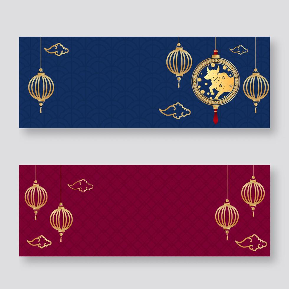 Blue And Dark Pink Chinese Traditional Pattern Background Decorated With Golden Zodiac OX Sign Frame, Hanging Lanterns In Line Art. vector