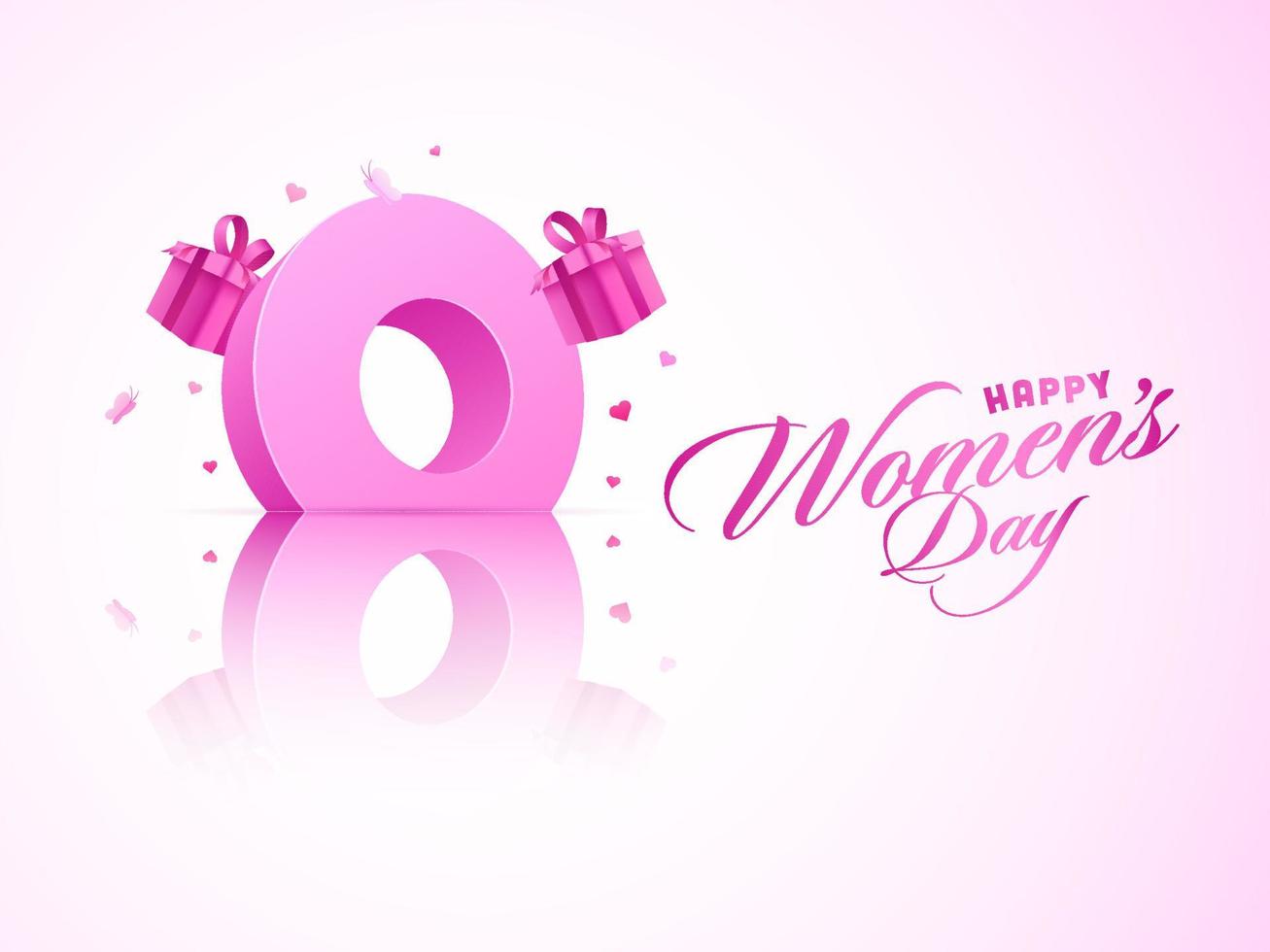 Pink Happy Women's Day Font with 3D 8 Number and Gift Boxes on Glossy Pink and White Background. vector