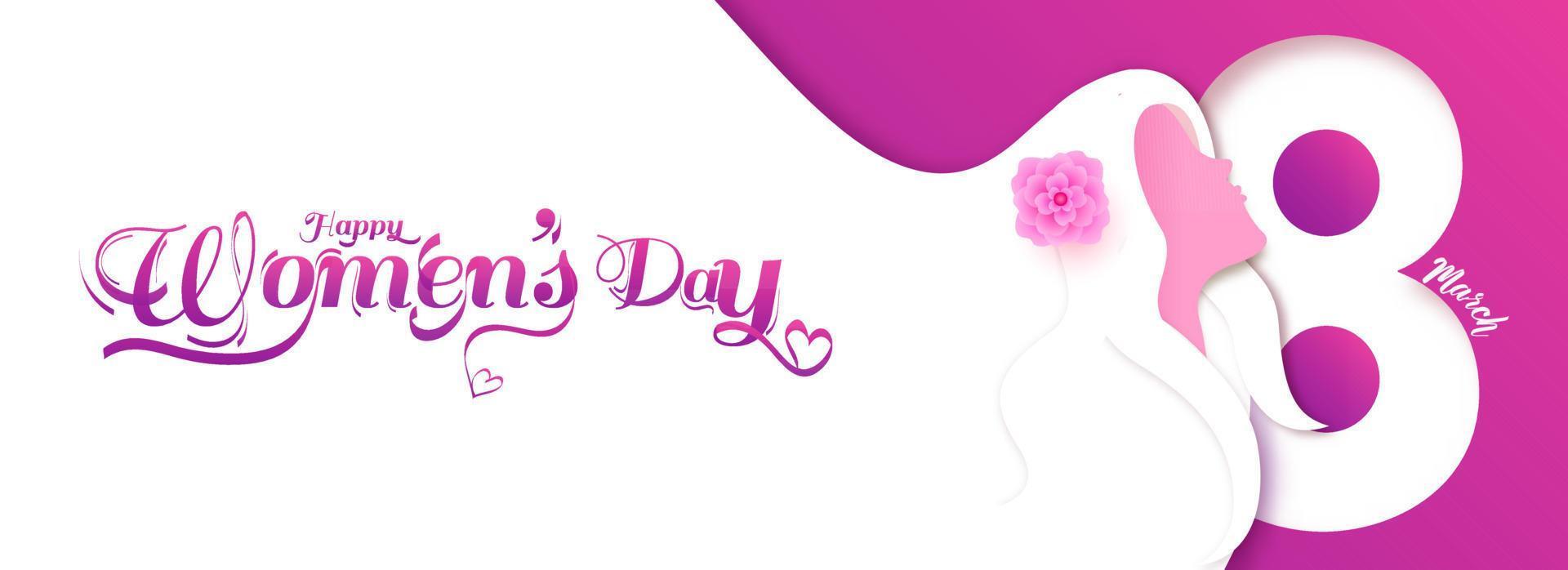 Paper Cut Style 8 March Text with Woman Face Long Hair Flowing on White and Pink Background for Happy Women's Day Celebration. Header or Banner Design. vector