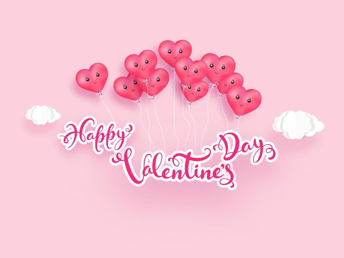 Sticker Style Happy Valentine's Day Font Decorated with Facial Expression Heart Balloons and Paper Cut Clouds on Pastel Pink Background. vector